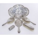 A Late Victorian Silver Quatrefoil Dressing Table Tray and mixed silverware, the tray by William