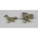 A Diamond and Ruby Set "Hen and Rooster" Brooch, in white metal mount, each pavé set with Old