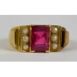 A Ruby and Pearl Set Ring, Modern, gold coloured metal mounted, set with a centre faceted ruby,