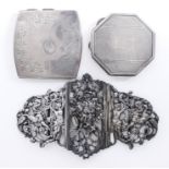 A Late Victorian Silver Nurses Buckle and Two Silver Compacts, the buckle by Charles Edwards, London