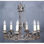 A Wrought Iron Circular Six Light Electrolier in "Baronial" Style, 21.25ins diameter