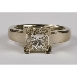 A Solitaire Diamond Ring, Modern, in 18ct white gold mount, set with empress cut brilliant white