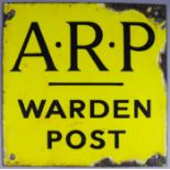 An A.R.P Warden Post Enamel Sign, in black letters on a yellow ground, 9ins square