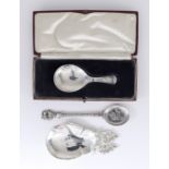 An Edward VIII Silver Caddy Spoon, Commemorative Spoon, and an Elizabeth II Caddy Spoon, the