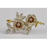A Ruby and Diamond Twin Rose and Leaf Pattern Spray Brooch, by Crop & Farr of London, in 18ct yellow