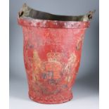 A George III Painted Leather Metal Bound Fire Bucket, the front decorated with a Royal Coat of