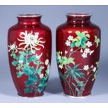 Two Japanese Cloisonne Vases, Late 19th/Early 20th Century, each with a flowering branch on a red