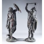 A Pair of Bronzed and Painted Spelter Figures, Late 19th Century, one of a native North American,