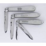 Three Victorian Silver and Mother-of-Pearl Handled Folding Fruit Knives, one by Thomas Marples,