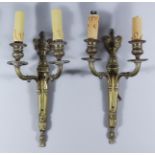 Three Cast Brass Three Light Wall Lights of "Louis XVI" Design, 15ins high, two other pairs of
