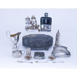 A George V Silver Mounted and Leather Covered Glass Hip Flask and Mixed Silverware, the hip flask