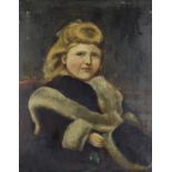 19th Century English School - Oil painting - Portrait of a young girl in fur-trimmed coat, holding a