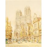 H. Schafer (19th Century) - Watercolour - "Rheims" - A street scene with the cathedral, signed and