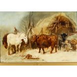 Harden Sidney Melville (1824-1894) - Oil painting- Farmyard scene with long horned cattle and cart