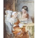 Emily Farmer (circa 1826-1905) - Watercolour - A young girl offering her sister a bowl of food as