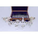 A George VI Silver Circular Four-Piece Condiment Set and Mixed Silverware, the condiment set R.