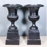 A Pair of Cast Iron Campagna-Shaped Garden Urns, 20th Century, on stepped bases, 22ins diameter x