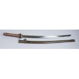 A World War II Japanese N.C.O Sword, Showato blade, machine made, Serial No. on blade and scabbard