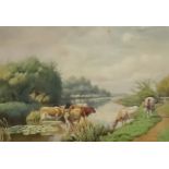 William Sidney Cooper (1854-1927) - Watercolour - Cattle watering in water meadows, signed "W.