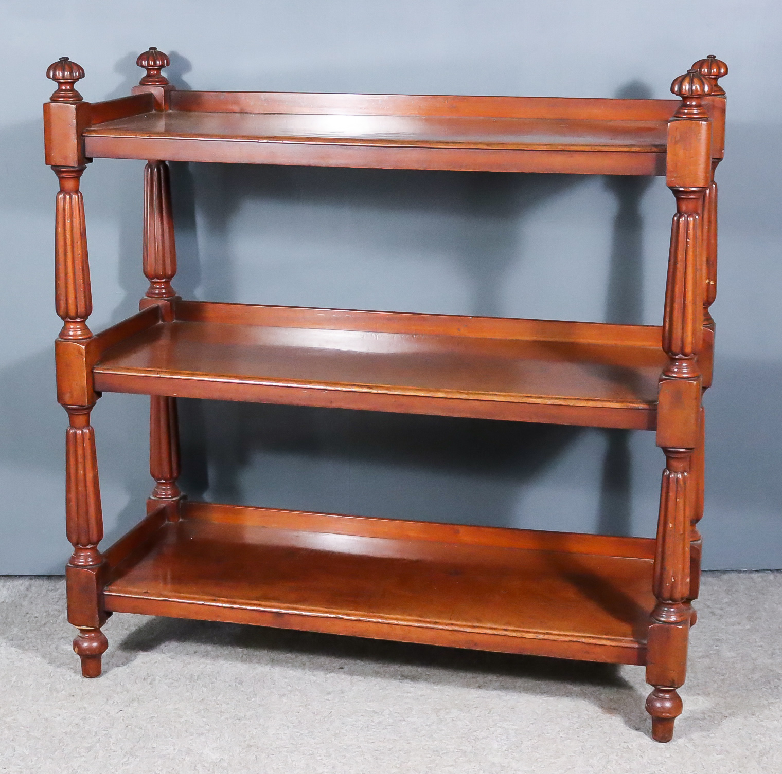 A Victorian Mahogany Three-Tier Tray Top Dinner Wagon, with turned and reeded finials and