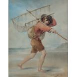 William Osborne Hamilton (1751-1801) - Watercolour - Young boy carrying a fishing net on the sea