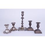 An Edward VII Silver Pillar Candlestick and Two Pairs of Silver Pillar Candlesticks, the single