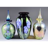 An Okra Studio Glass Vase, 2002, with "Morning Glory" design, 6ins high, a perfume bottle with "Gold