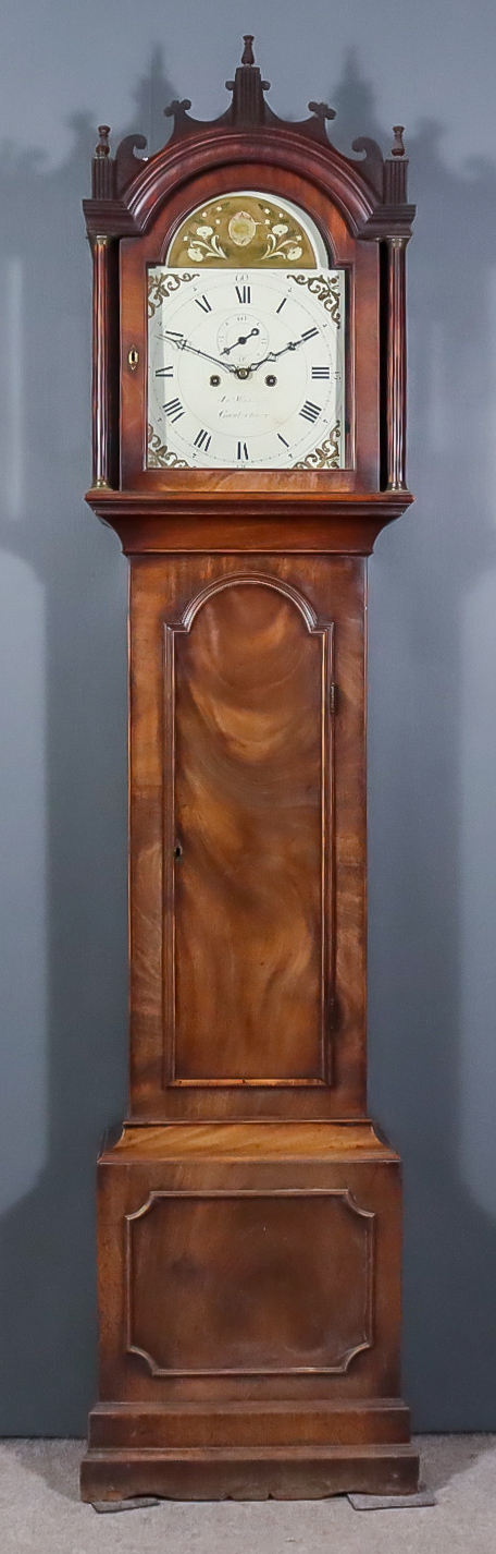 A George III Mahogany Longcase Clock, by James Warren of Canterbury, the 12ins arched painted