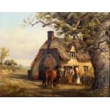 Thomas Smythe (1825-1907) - Oil painting - A man and woman conversing outside a cottage as two