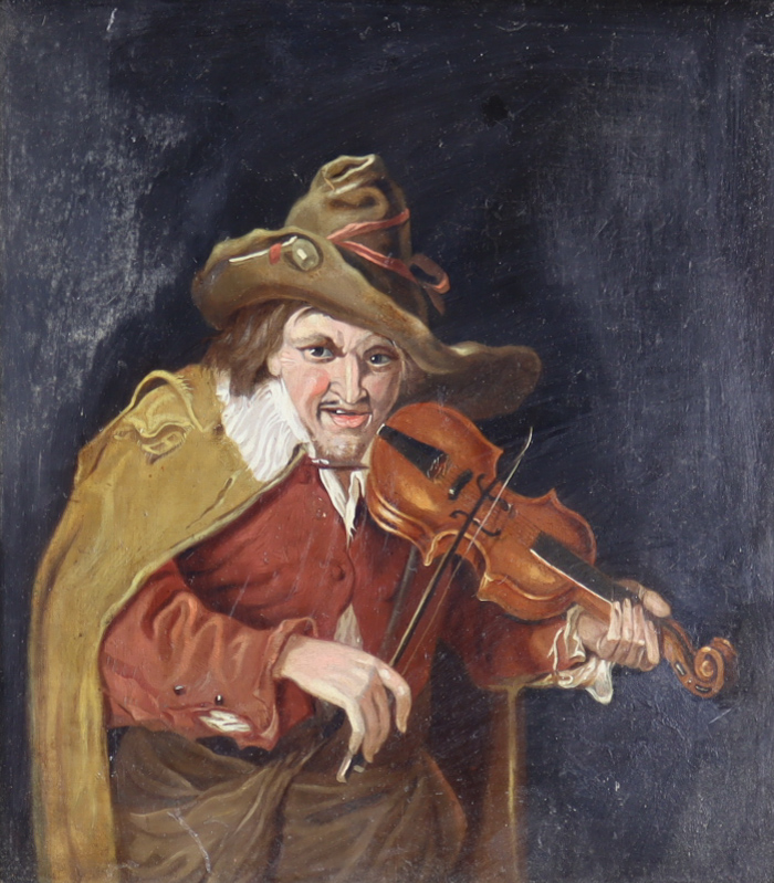 19th Century Dutch School - Oil painting - A man in 18th Century dress playing a violin, panel 11.