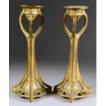A Pair of Gilt Metal Pillar Candlesticks in Art Nouveau Manner, Late 19th Century, cast with a