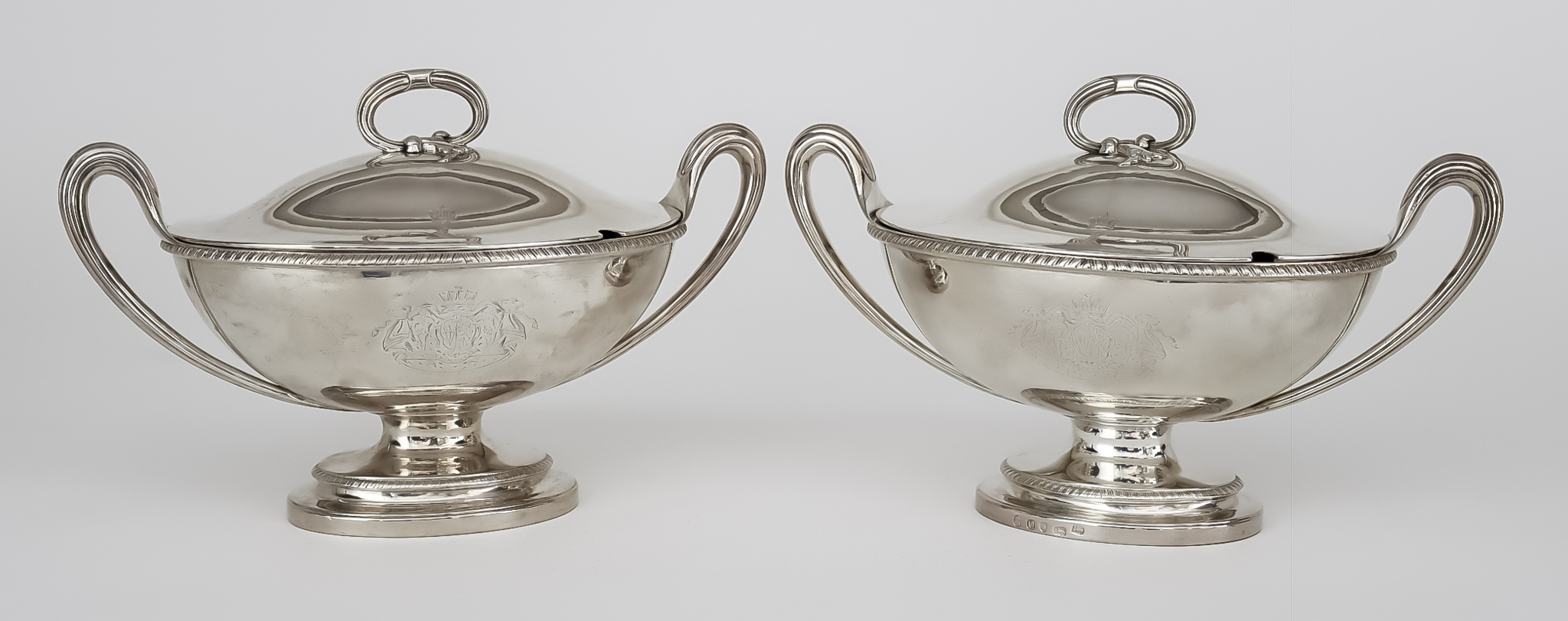 A Pair of Late George III Silver Oval Two-Handled Sauce Tureens and Covers, by John Wakelin &