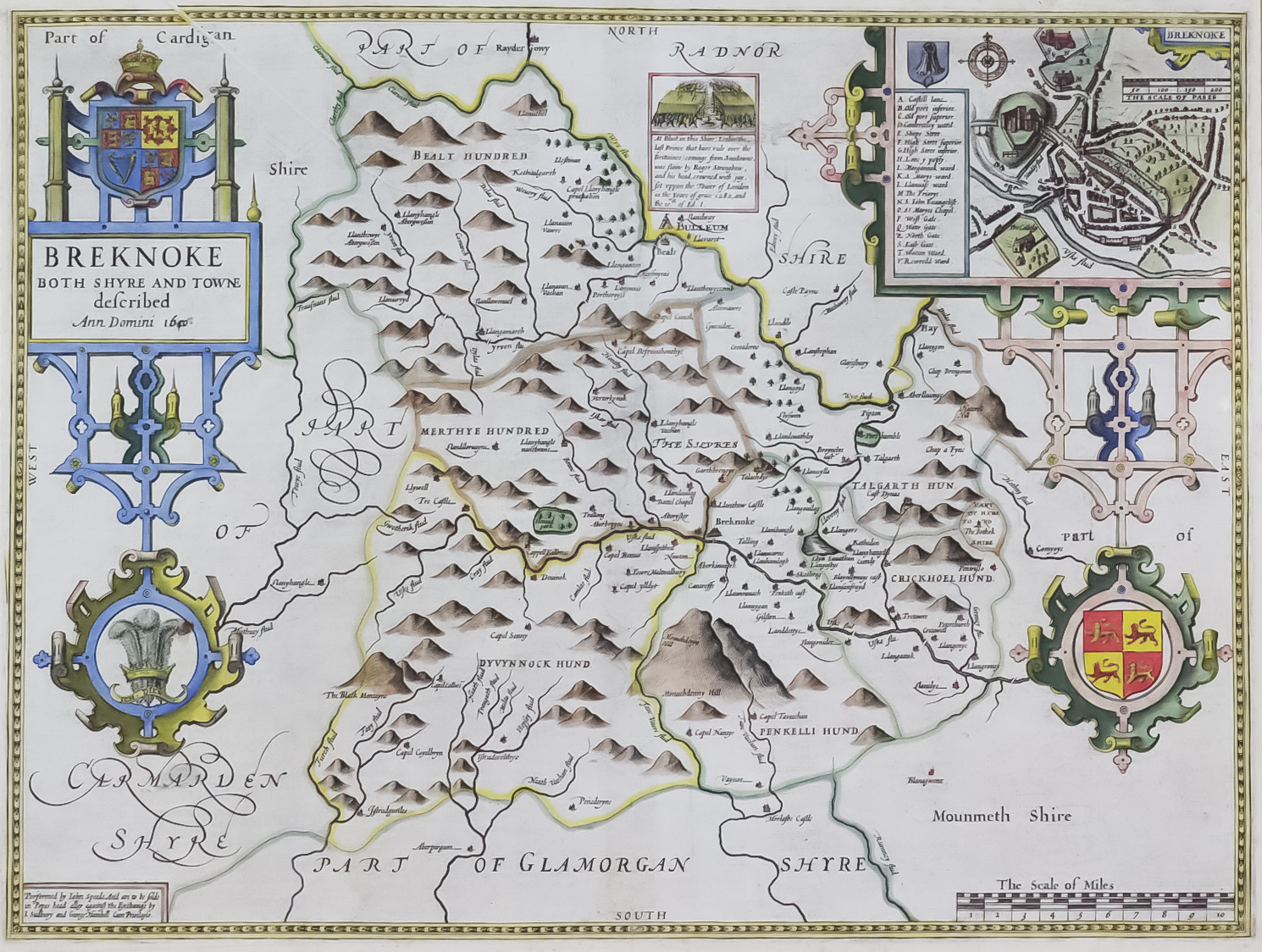 John Speed (1552-1629) - Coloured engraving - "Breknoke, both Shyre and Towne descibed" with plan of
