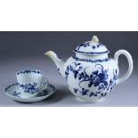 A Worcester Blue and White Porcelain Moulded Cup and Saucer, Circa 1757, with rare handle, painted