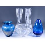 An Orrefors Glass Octagonal Bowl, 7.5ins diameter x 4.75ins high, two Orrefors vases, 8.25ins and