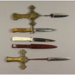 A Quantity of Edge Weapons and Components, comprising two hunting knives in scabbards, two other