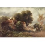 Attributed to David Cox (1783-1859) - Oil painting - Rural landscape with water mill and figures