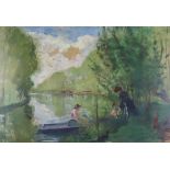 Albert De Belleroche (1864-1944) - Oil painting - Boating at Chateau Bun, relined canvas 16.25ins