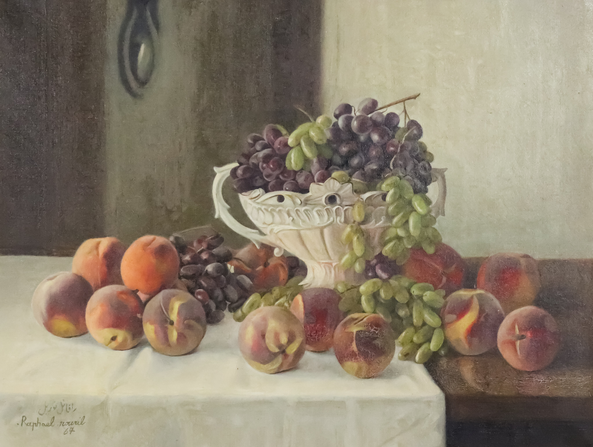 Raphael Nouril (1940-2020) - Oil painting - Still life with bowl of grapes and peaches, signed and