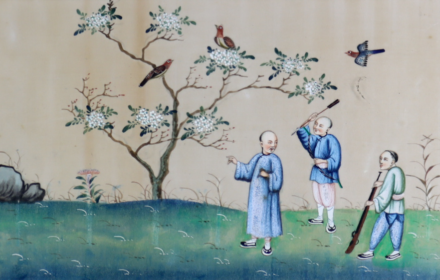 19th Century Chinese School - Gouache and watercolour on pith paper - Three hunting figures, with