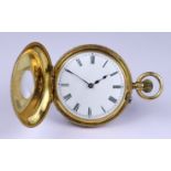 A Lady's 18ct Gold Half Hunting Cased Fob Watch, no visible maker, London 1893, 37mm diameter