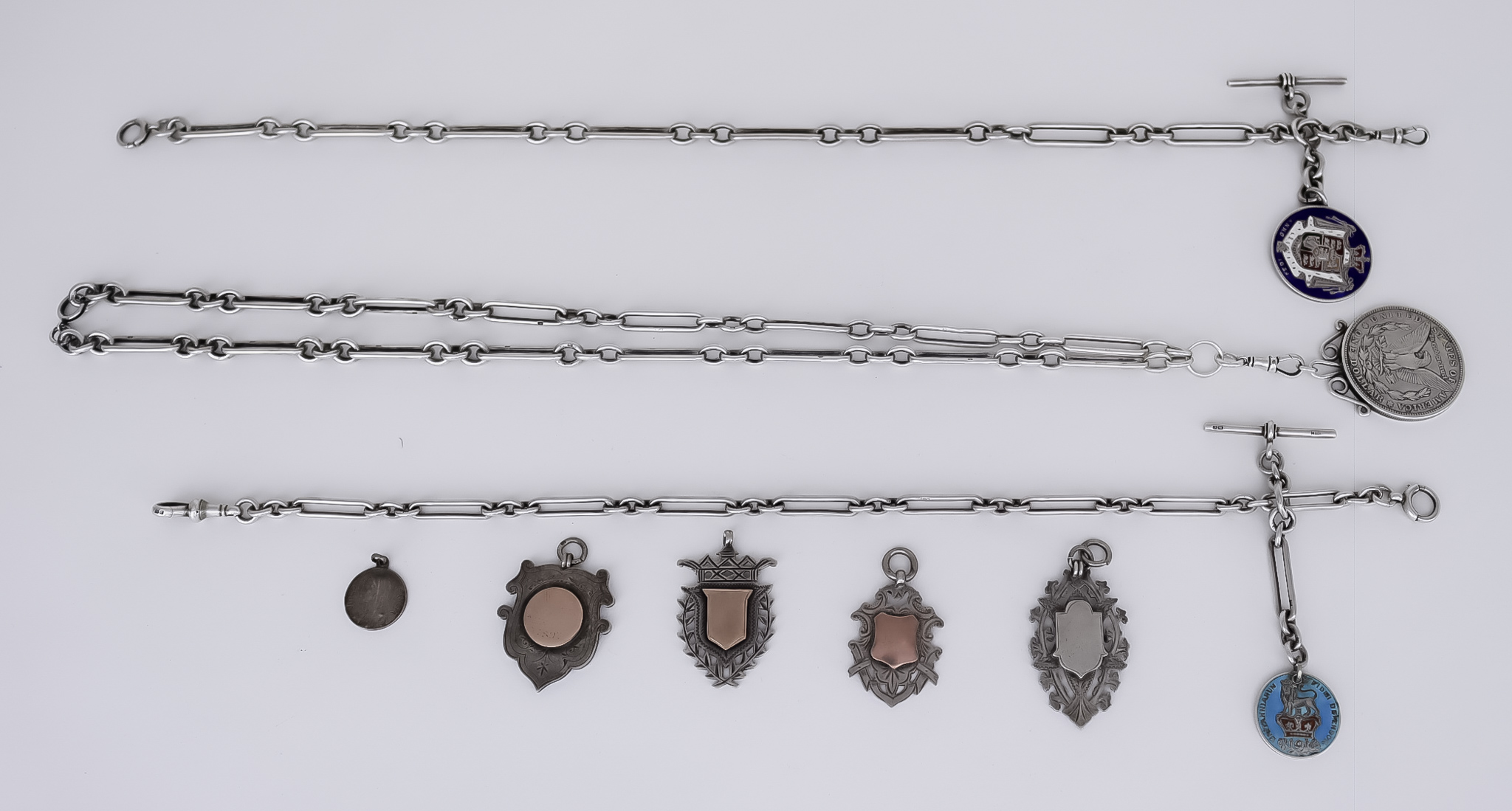 Three Silver Chain Alberts and Mixed Items, each albert with elongated and chain links, one hung