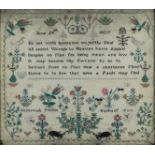 An English Needlework Sampler by Susannah Purkis Basham, Early 19th Century, worked in coloured