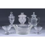 A Small Collection of Glass Tableware, 19th Century, including - lidded pouring vessel with panel