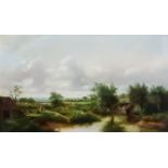 Joseph Thors (fl. 1863-1900) - Oil painting - Rural river landscape with cottage and figures to