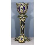 A Large French Green, Blue and Yellow Glazed and Gilt Decorated Jardiniere and Matching Pedestal,