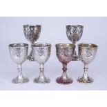 Four Elizabeth II Cast Silver Goblets and Two Similar Plated Goblets, the silver goblets by Joseph