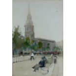 Sir Alfred East (1849-1913) - Three watercolours - Figures relaxing outside a London church,