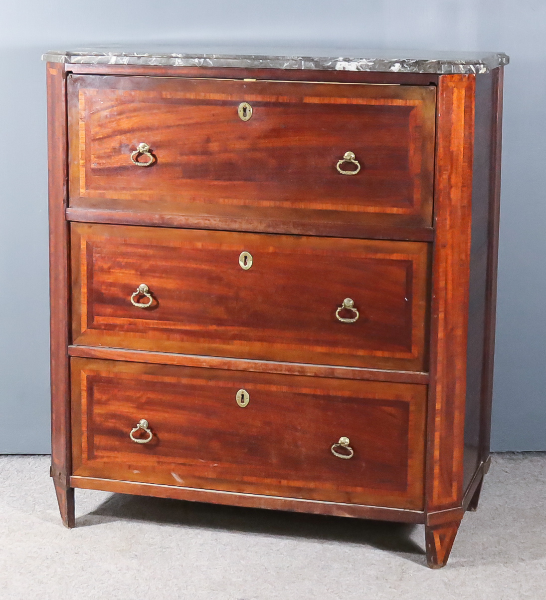 An Early 19th Century Continental Rosewood Secretaire Chest with grey veined marble slab to top with