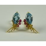 A Pair of Aquamarine and Ruby Earrings, clip on, 18ct gold each set with an aquamarine stone of